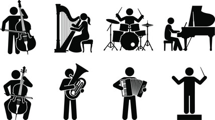 Musical instruments classical orchestra musicians and band performers stick figure silhouettes icons set isolated on white background © MdBabul