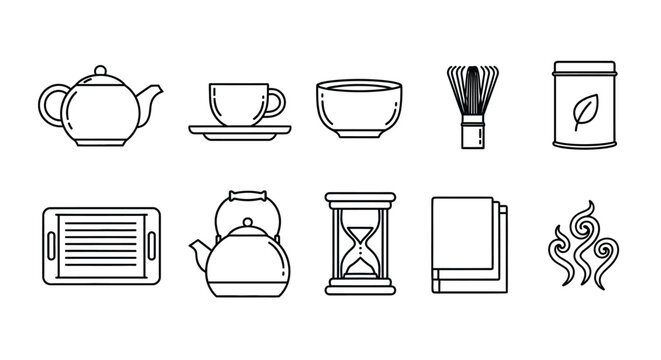 Minimalist tea ceremony icon set featuring teapot cup matcha whisk tea canister hourglass serving tray and aromatic steam elements for traditional brewing.