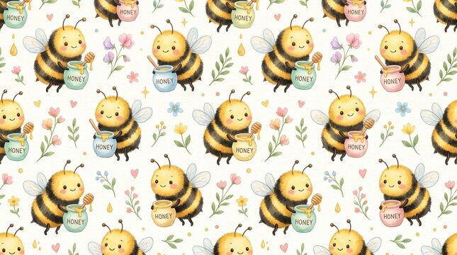 Cute watercolor baby bumblebee seamless pattern with honey pots