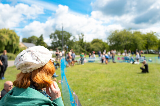 Woman member of the public seen looking into the ring of a village dog show. Note the blue barrier which keeps the dogs from running away.