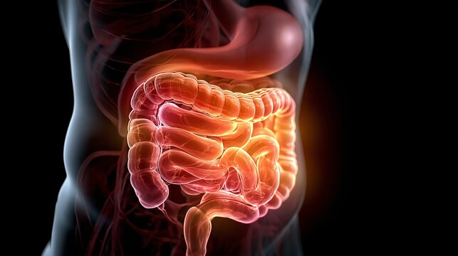 Cinematic realistic view of the human digestive tract with stomach, small intestine and colon