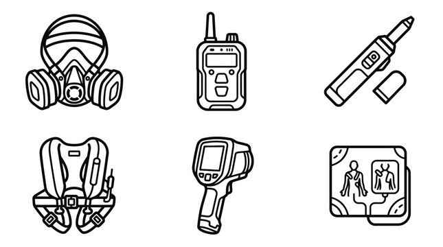 Safety and Monitoring Equipment Icons: Gas Mask, Radio, Thermometer, SCBA