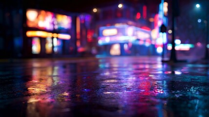 Obraz premium Vibrant city reflections illuminate wet street. AI generated