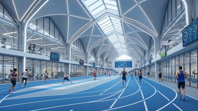 Modern indoor running track inside fitness complex with bright lighting and futuristic architecture