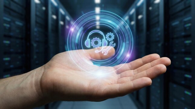 Digital technical support service and maintenance automation workflow concept with hand and hologram icon in data center room