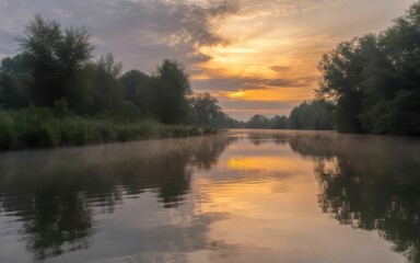 Fototapeta premium Golden sunrise bathes tranquil river in warm hues creating a reflective natural paradise with lush greenery framing the scene