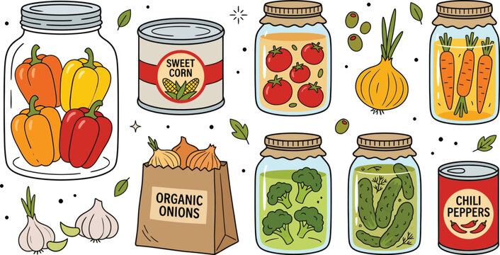Preserved Pickled Vegetables and Canned Food Vector Set