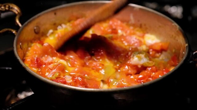 Tomatoes and green peppers cook over high heat in a copper pan as flames rise around the dish. Close-up scene showing menemen preparation, Turkish breakfast and restaurant kitchen cooking.