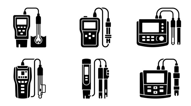 Digital pH Meter Icons Set, Water Quality Testing Equipment