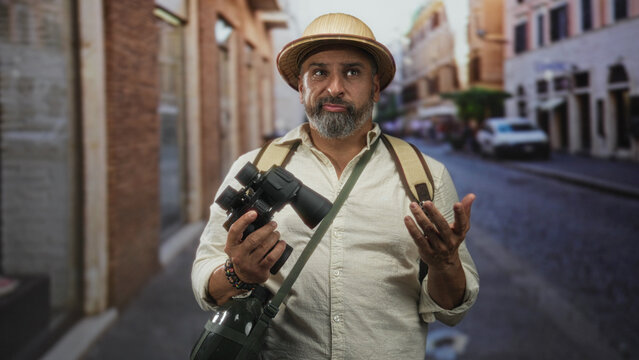 Middle aged man holding binoculars and backpack on street, wearing pith helmet and bracelets, looking puzzled; curiosity and travel.