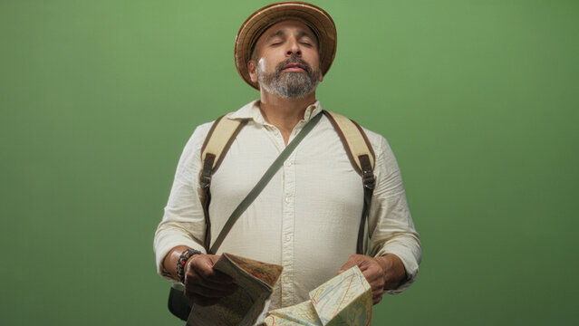 Man holding map wearing pith helmet and backpack in studio with green backdrop; curiosity adventure travel.