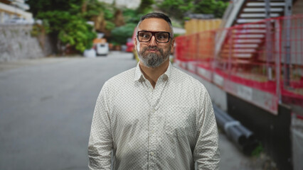 Naklejka premium Man with beard smiling and wearing glasses on street near scaffolding and metal stairs, standing outdoors with blurred vans behind him; joy warmth.