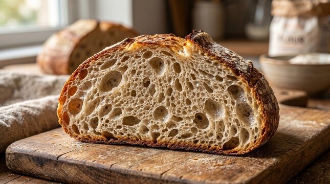 Close-up of freshly baked artisan sourdough bread slice showing beautiful open crumb and fermentation bubbles
