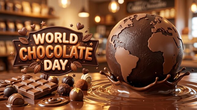 World Chocolate Day Vector Banner with Chocolate Globe, Truffles, and Splashing Liquid