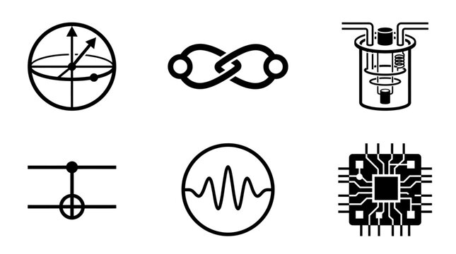 Quantum Computing Icons: Qubit, Entanglement, Cryostat, Gate, Wave, Chip
