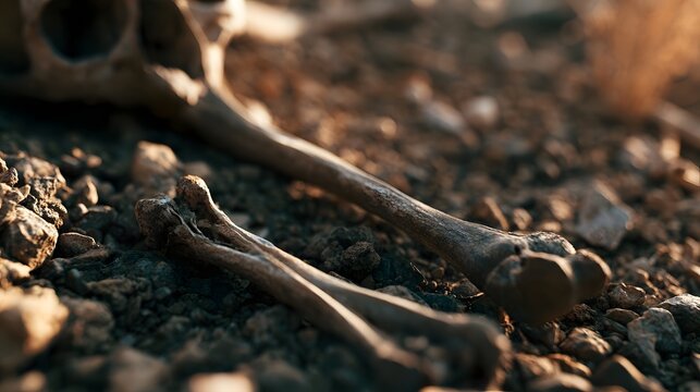 Weathered sun bleached bones lie exposed on the ground under harsh midday heat