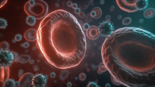 Microscopic View of Virus Particles Attacking Human Blood Cells in Body, Scientific Medical Animation in Full HD