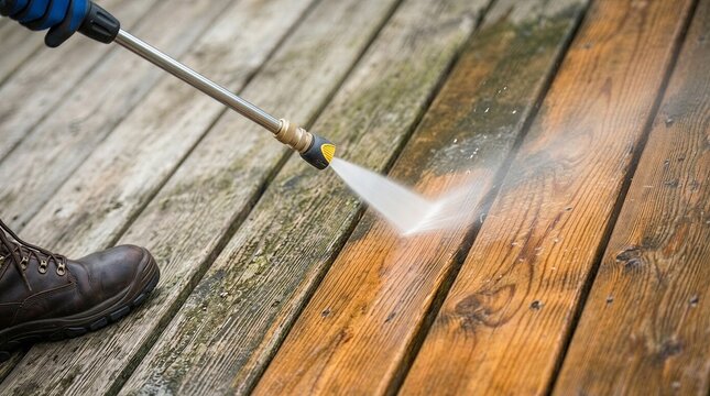 Worker pressure washing dirty wooden deck with high pressure water jet