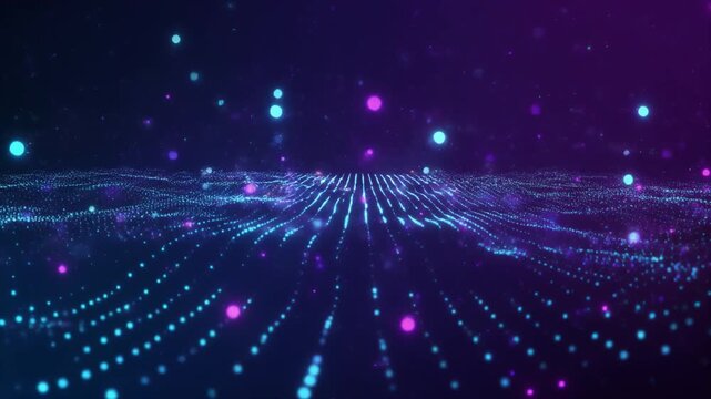 Futuristic Abstract Motion of Blue Glowing Neural Network Particles on a Grid, High Tech Digital Wave Background for Science and Data Concepts