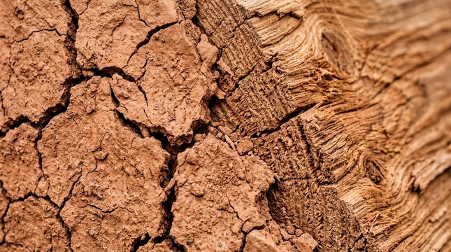 natural surface textures, a close-up view of a cracked clay surface merging with rough cedar wood grain