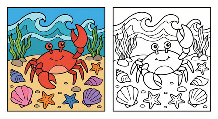 Fototapeta premium Coloring page preview pair of a crab on the ocean floor, showing a colored crab scene beside matching black and white crab line art