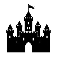 Fototapeta premium Black silhouette of a medieval castle with towers and a flag, isolated on a transparent background. Perfect for fantasy.