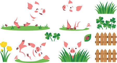 Cute Cartoon Pig and Farm Nature Vector Character Set with Playful Piglets Grass Wooden Fence Clover and Ladybug Elements for Children Book Designs © MdFaruk