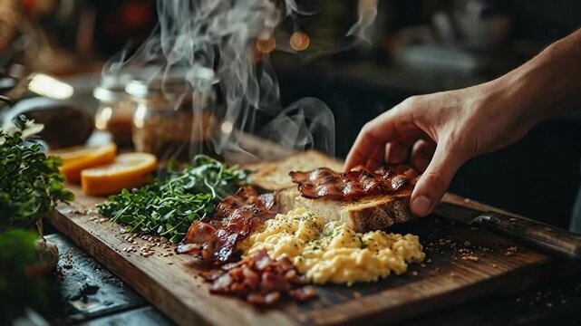 Person serving a hearty breakfast hash with fresh garnish on wooden board.