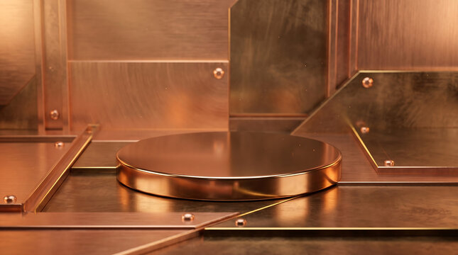 Reflective metal cake stand on modern glass display shelf with warm lighting