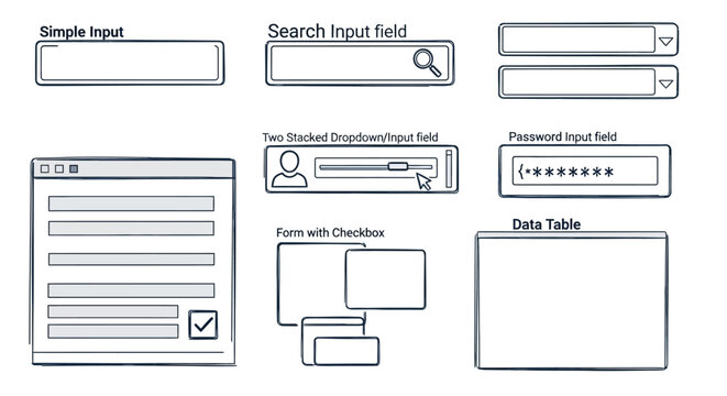 Set of hand-drawn user interface elements and input fields for web design, including simple input, search field, password field, dropdowns, and a form with a checkbox.