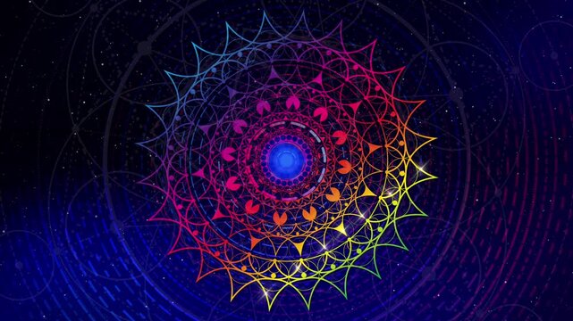 Animation of colorful psychedelic mandala, meditative rotary movement on hypnotic circular tunnel in the starry galaxy background, mystical video looping mandala of meditation