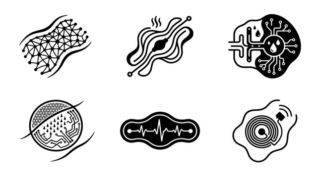 Smart Fabric Technology Icons: Heat, Moisture, Network, ECG, Coil