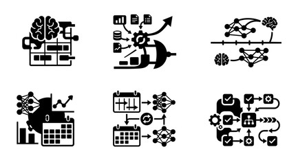Naklejka premium AI and Data Science Icons: Brain, Neural Networks, Flowcharts, Graphs