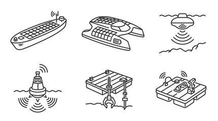 Marine Technology Icons: Autonomous Ships, Buoys, Drones, Solar Power © zozo