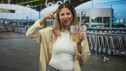 Fototapeta premium Woman holding crisp hundred dollar banknote, smiling and points finger to temple near baggage trolleys in airport; confidence winning.