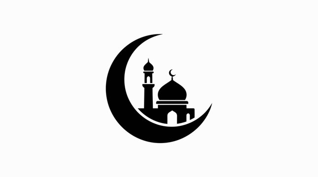 Mosque silhouette inside crescent moon icon for Ramadan decoration.
