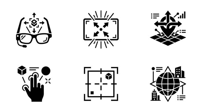 Augmented Reality Icons: VR headset, interaction, navigation, metaverse