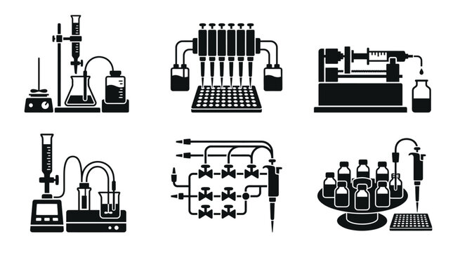 Laboratory Equipment Icons: Pipettes, Burettes, Syringes, Fluidics