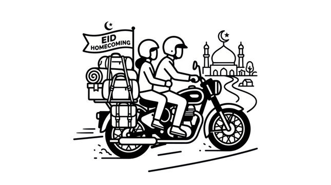 Muslim couple traveling on motorcycle for Eid homecoming sketch.