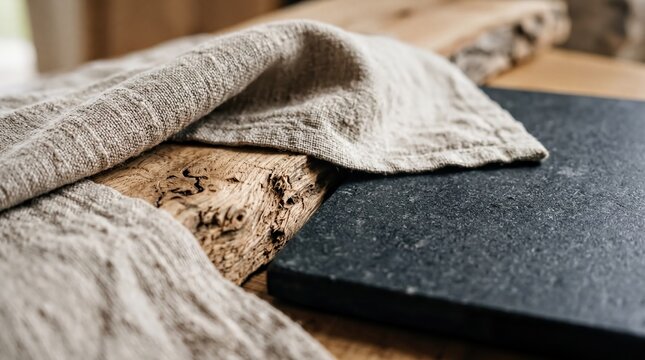 material contrast exploration, close-up of raw oak and honed basalt with soft linen, showcasing texture contrast