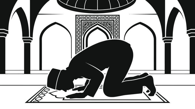Person in prostration prayer silhouette inside an arched mosque.