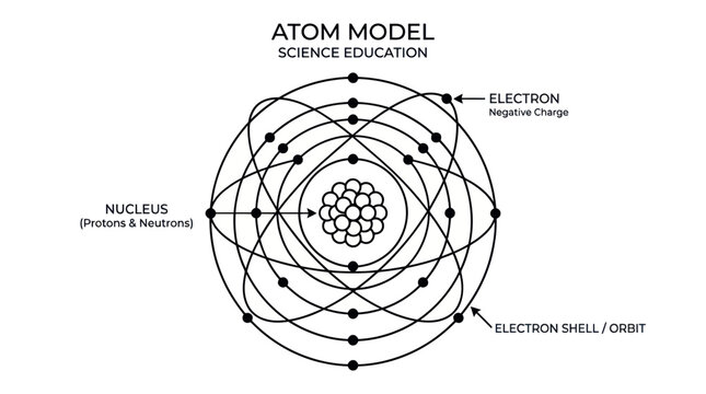 Scientific atom model diagram with nucleus and electron shells.