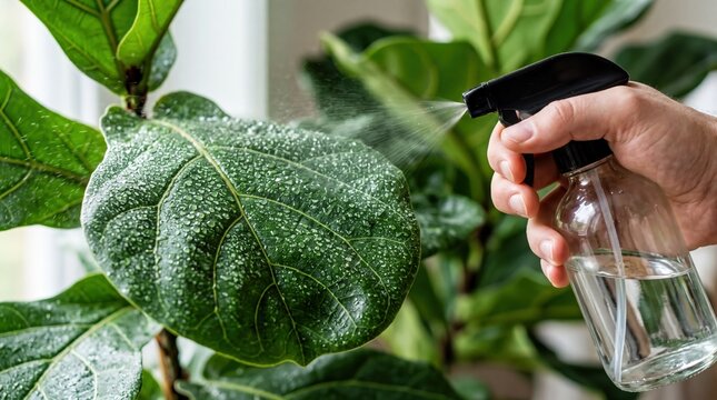 plant care techniques, water droplets misting vibrant green fiddle leaf fig leaves from a spray bottle