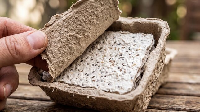 eco-friendly materials, close-up of textured molded pulp packaging revealing embedded seed paper
