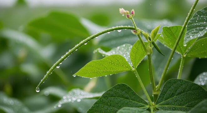 Dew-kissed long bean plant with delicate blossoms glistening after rainfall, showcasing lush green growth in a vibrant agricultural field.