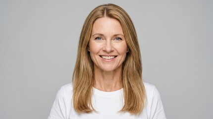 Fototapeta premium A smiling middle-aged woman with long blonde hair and bright blue eyes wears a simple white t-shirt while posing for a professional studio portrait shot.