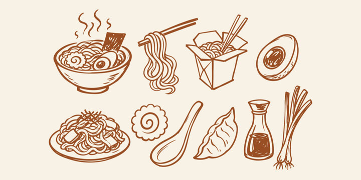 ramen and asian noodle elements traditional japanese food doodle icon set with bowl take-out box gyoza soy sauce egg and scallion vector illustration