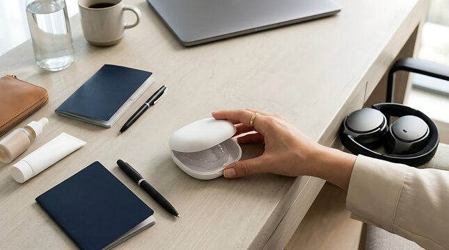 Woman opening a clear dental aligner case on a modern office desk