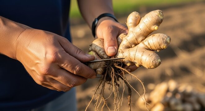 Farmer's Hands Gently Cleaning Freshly Harvested Ginger Root with a Knife in a Field