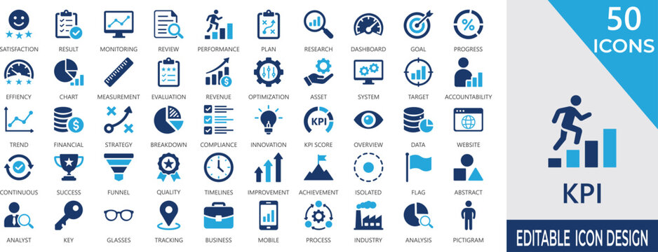 KPI solid icon set with analytics dashboards, monitoring, performance, goal, measurement, tracking, metric, and business intelligence symbols.